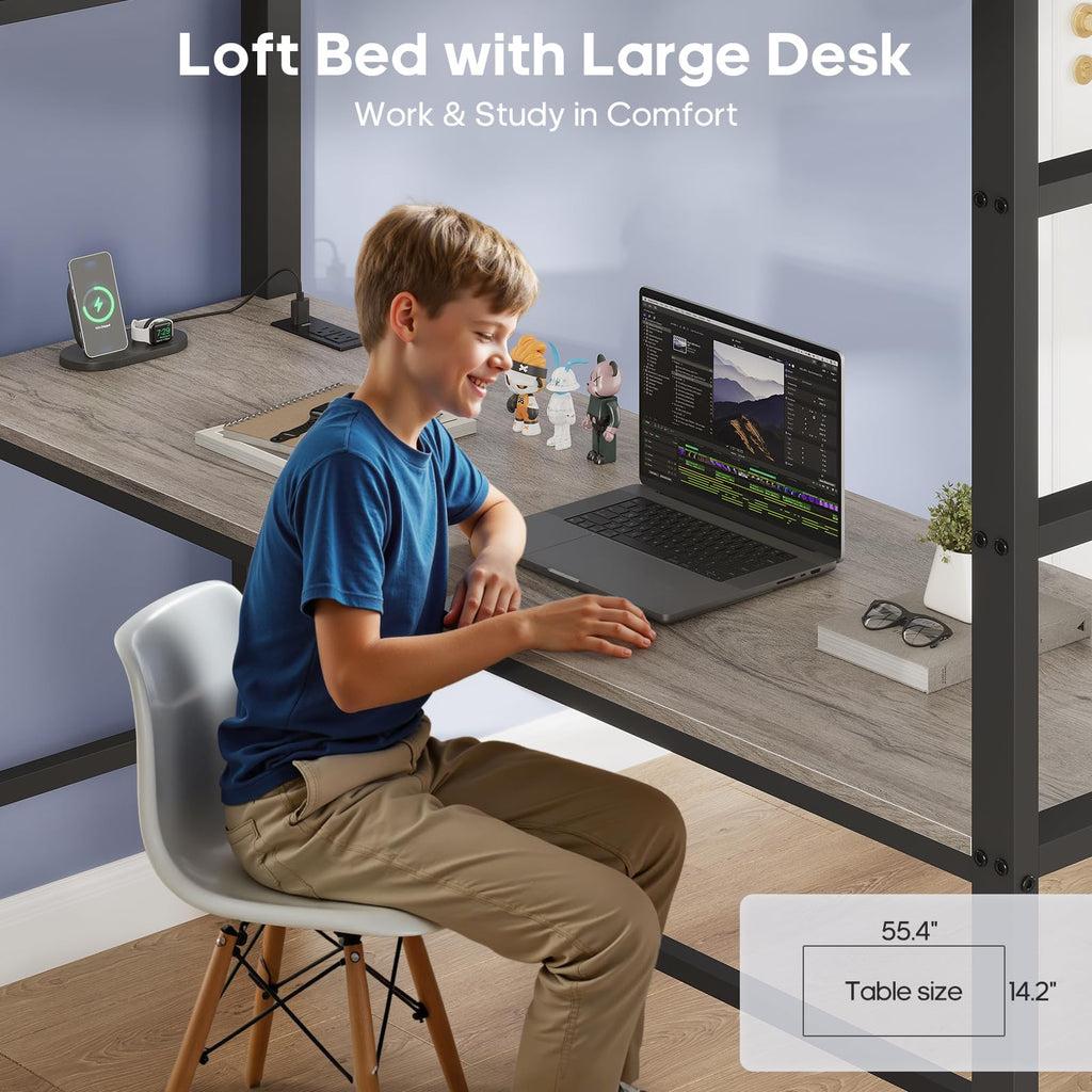 Full Size Loft Bed with Desk and 8 Storage Drawers Grey Y81670