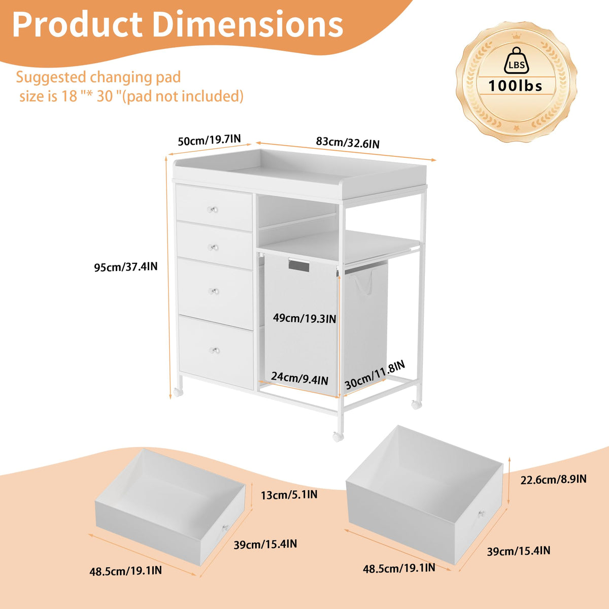 32.6" Baby Changing Station with 4 Wheels E25963
