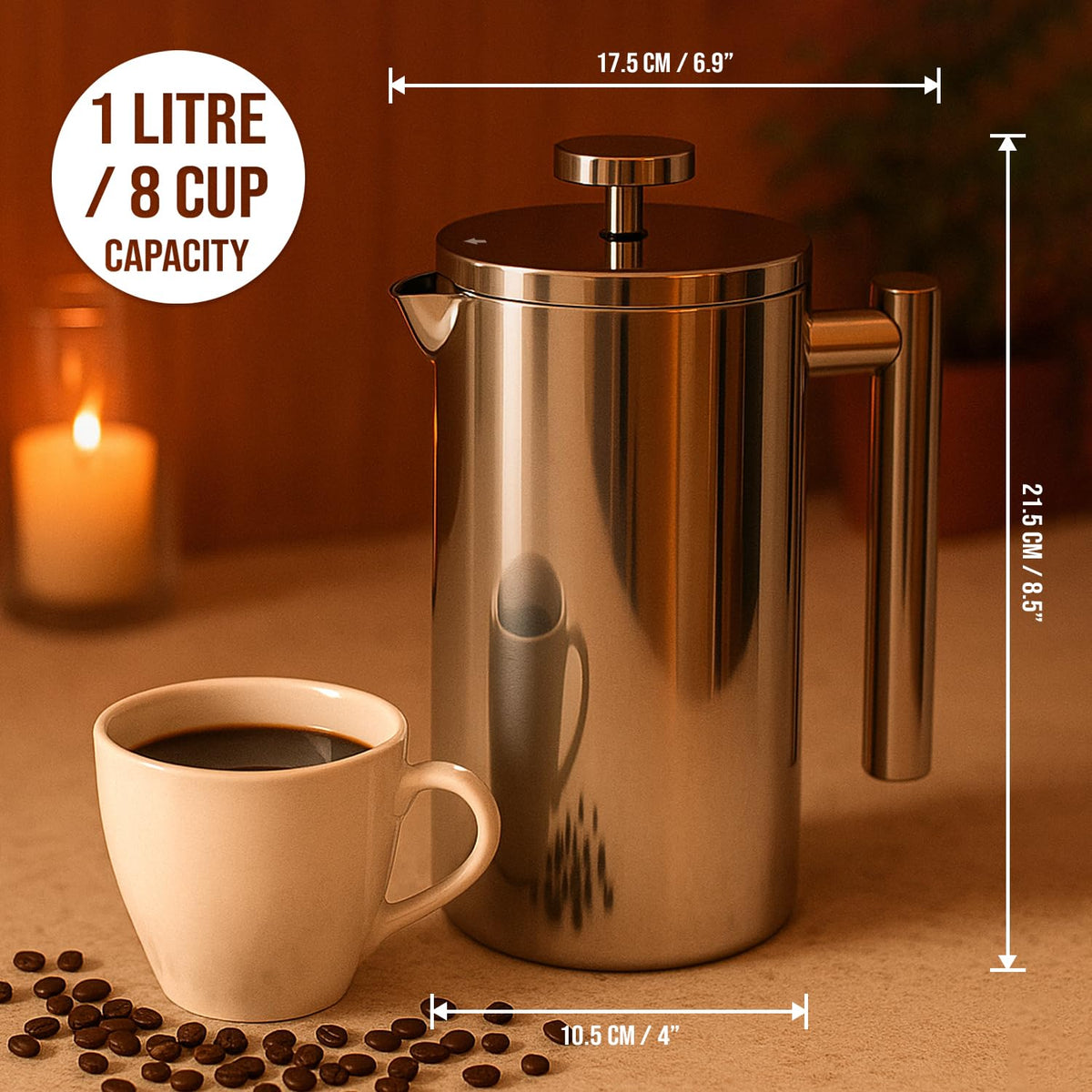 Stainless Steel French Press 1L Double Wall Insulated Coffee Maker I170