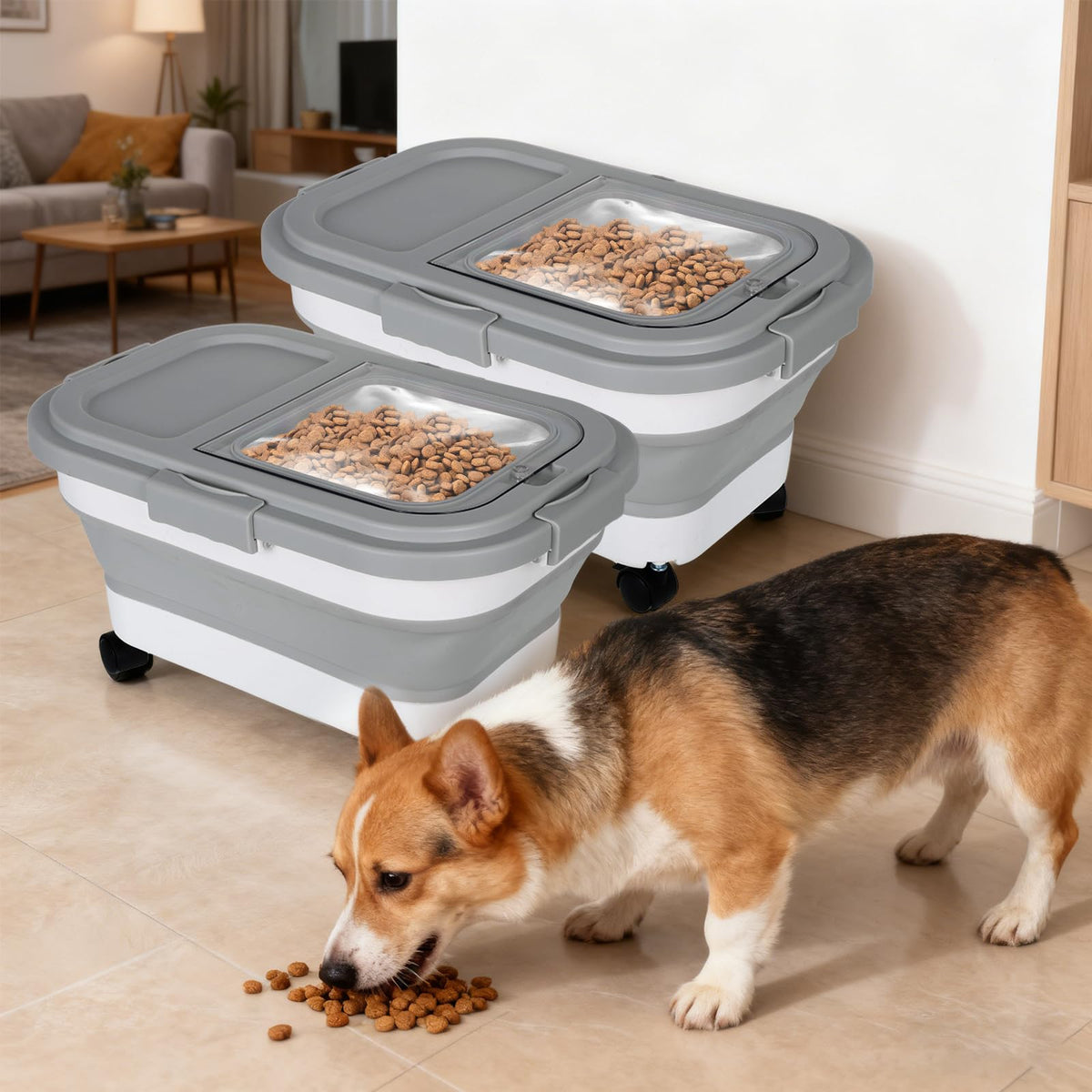 2 Pack 15Lbs Collapsible Airtight Pet Food Storage Container with Scoops I8128