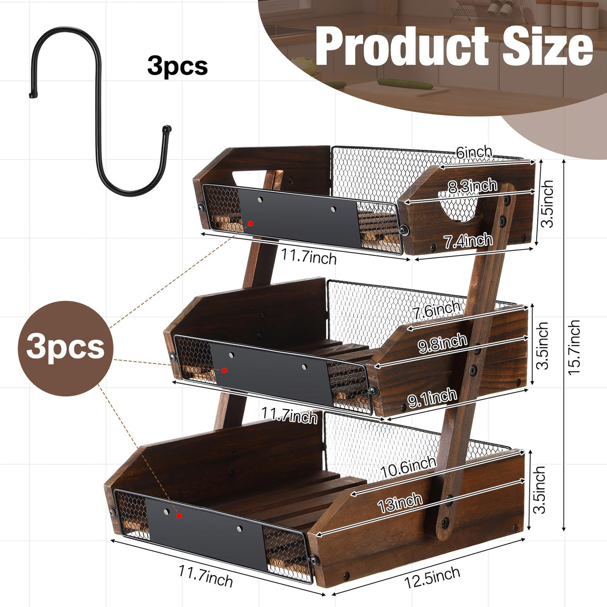 3 Tier Wooden Fruit Basket with Banana Hangers U102