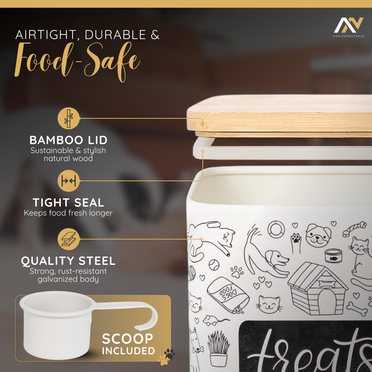 3-Piece Airtight Galvanized Steel Pet Food Storage Container Set with Bamboo Lids R10608