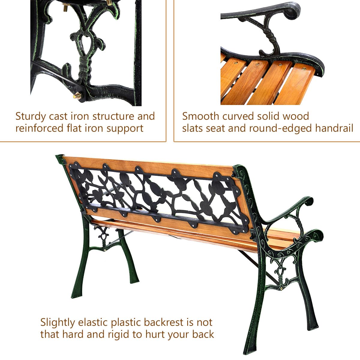 Outdoor Garden Bench with Rose Cast Backrest and Metal Legs U652985