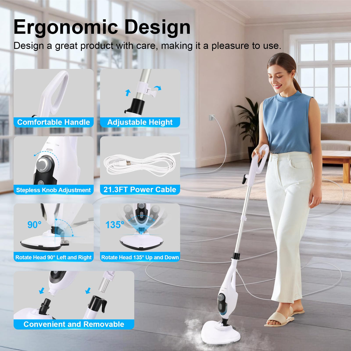 1550W 11-in-1 Steam Mop with 21.3FT Cord, White O78091