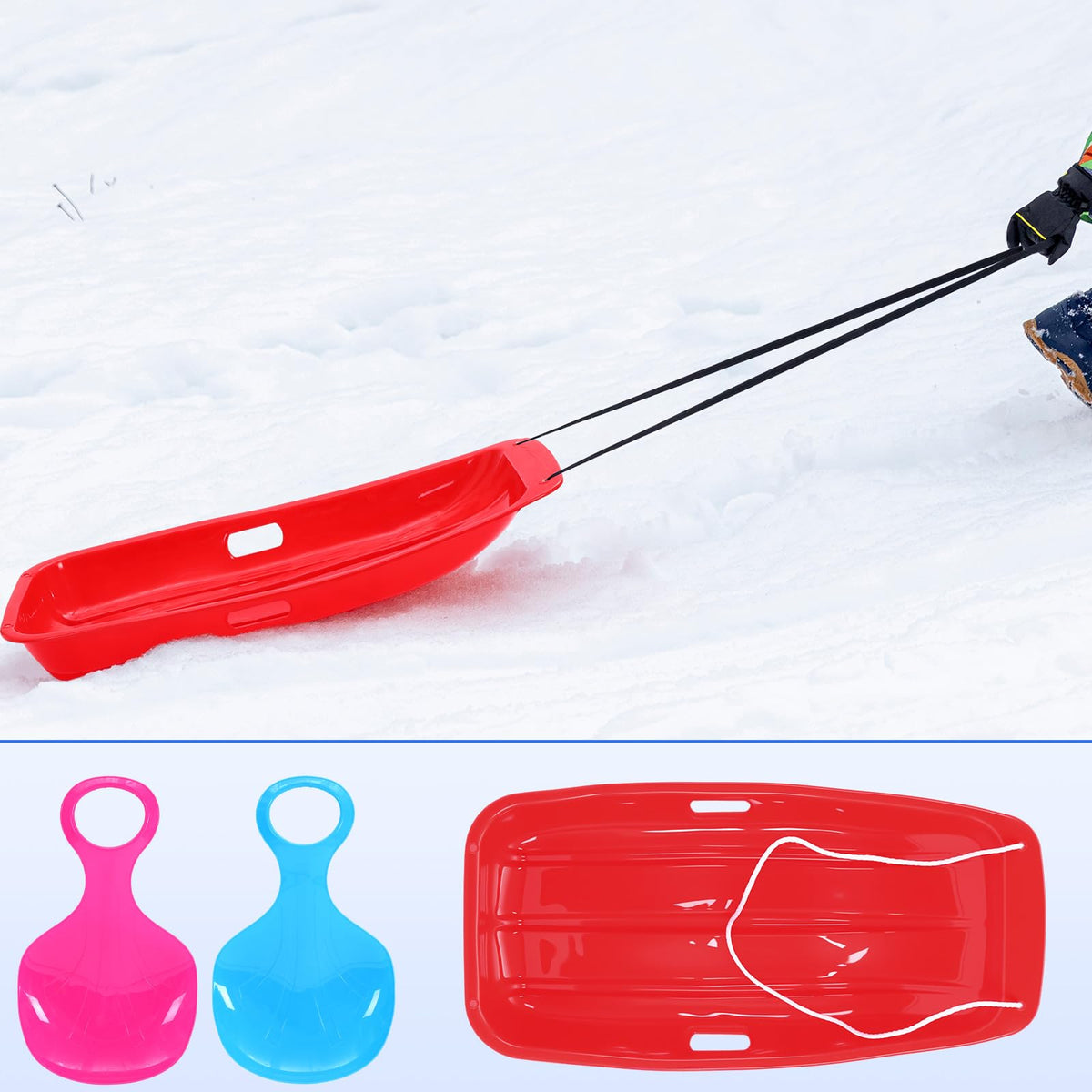 3 Pcs 35 Inch Plastic Snow Sleds with Rope B352893