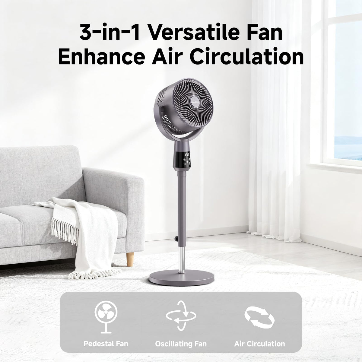 Oscillating Pedestal Fan, 25dB Standing Fan with 8 Speeds, 12H Timer, 36-45'' Adjustable Height, Remote Control S44441