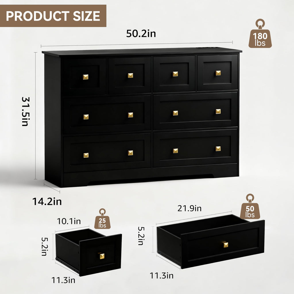 Black 8 Drawer Wood Dresser with Metal Handle C901