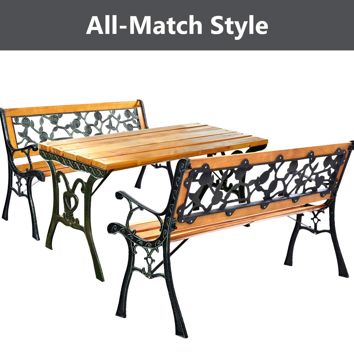 Outdoor Garden Bench with Rose Cast Backrest and Metal Legs U652985