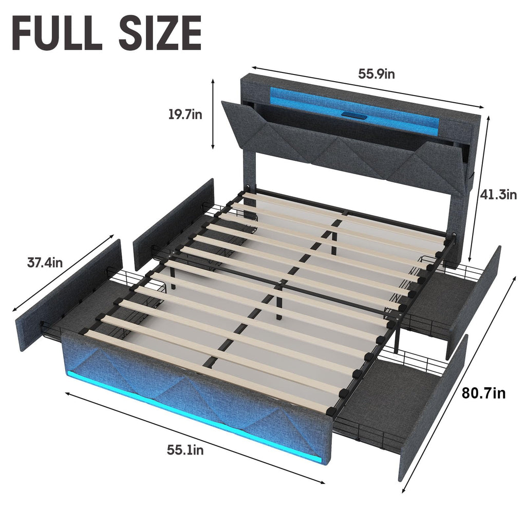 Full Size Upholstered Platform Bed Frame with Storage Headboard and 4 Drawers E33962