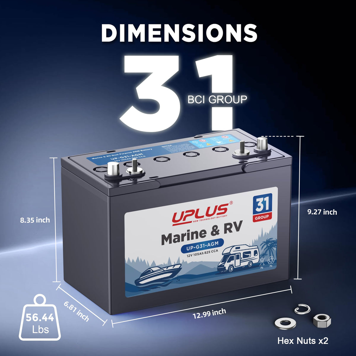 12V 105Ah 825CCA Dual Purpose AGM Marine Battery A3175