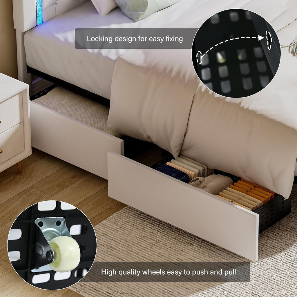 White Twin Bed Frame with Storage Drawers and LED Lights L505326