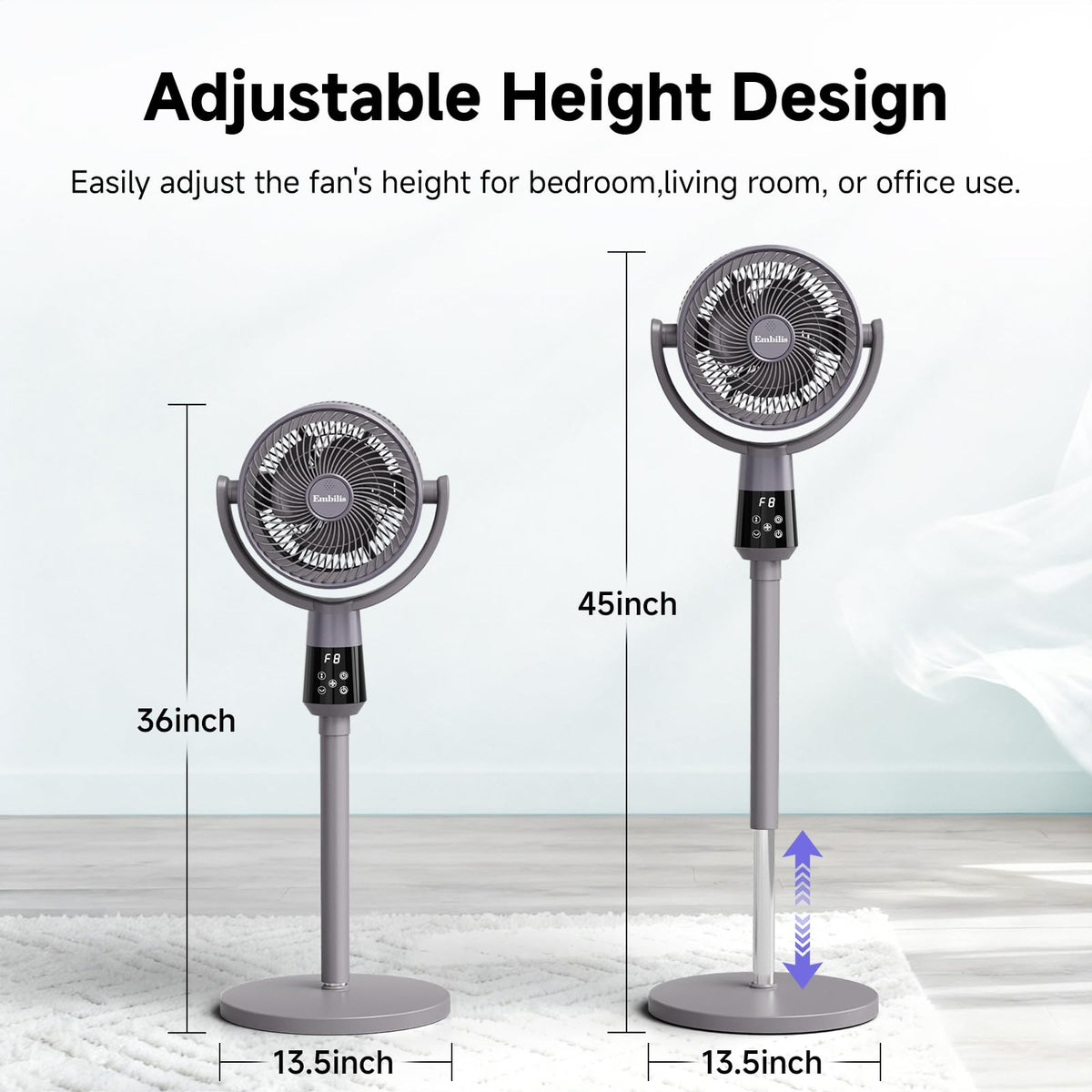 Oscillating Pedestal Fan, 25dB Standing Fan with 8 Speeds, 12H Timer, 36-45'' Adjustable Height, Remote Control S44441