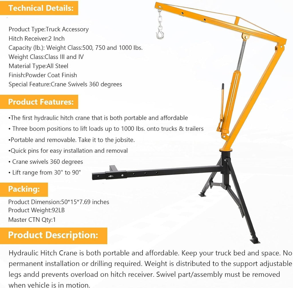 Hydraulic Receiver Hitch Crane 1000LBS Capacity 360° Swivel 3 Adjustable Settings E448