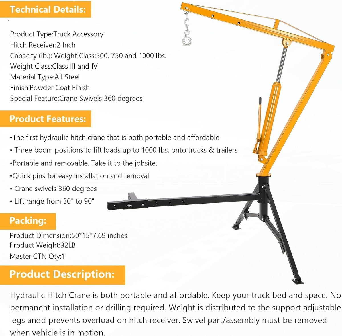 Hydraulic Receiver Hitch Crane 1000LBS Capacity 360° Swivel 3 Adjustable Settings E448