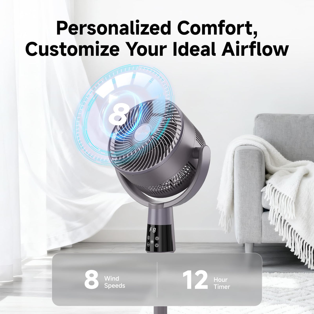 Oscillating Pedestal Fan, 25dB Standing Fan with 8 Speeds, 12H Timer, 36-45'' Adjustable Height, Remote Control S44441