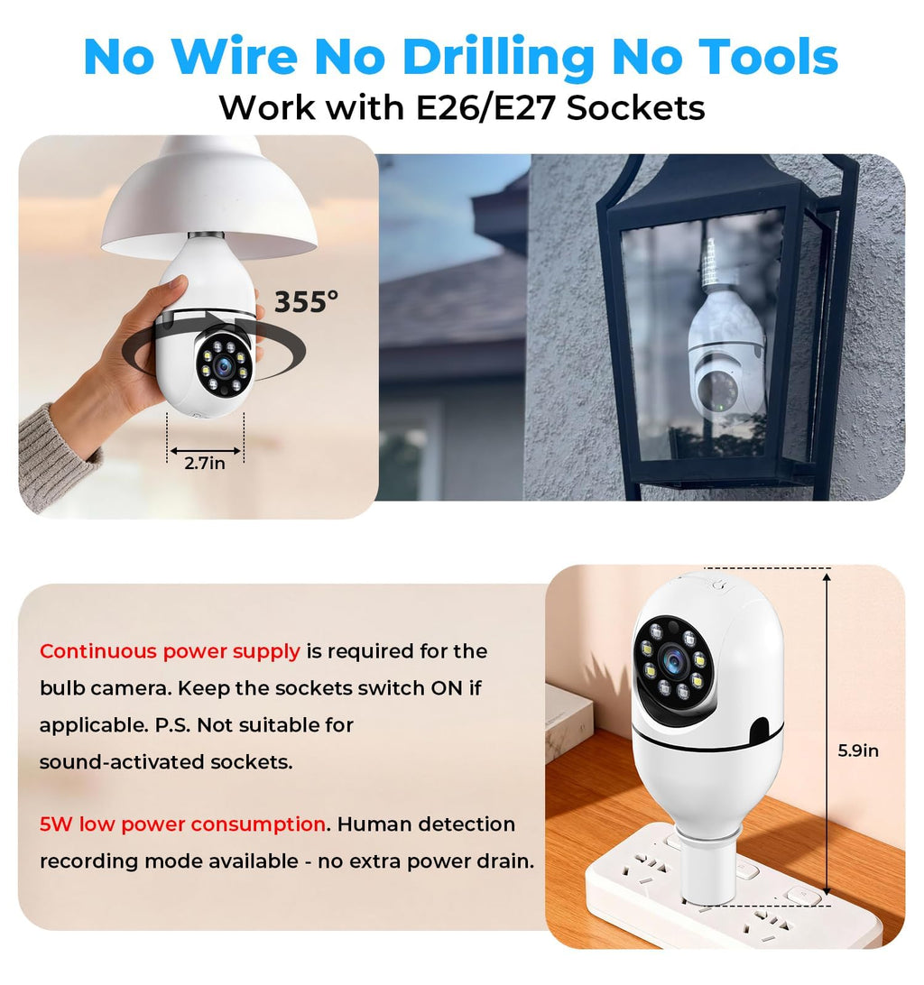 2K 5GHz & 2.4GHz WiFi Light Bulb Security Camera 360° PTZ G1165