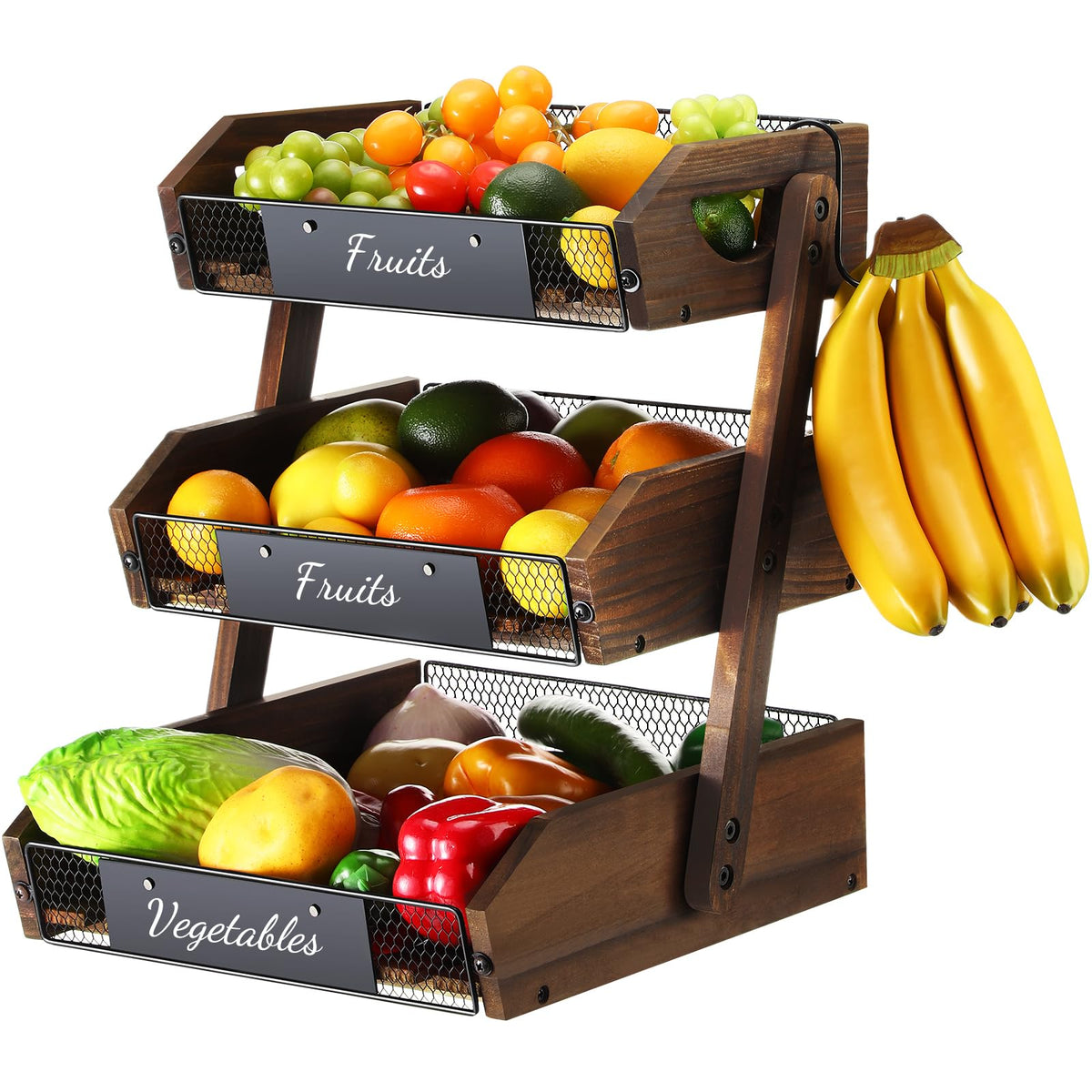3 Tier Wooden Fruit Basket with Banana Hangers U102