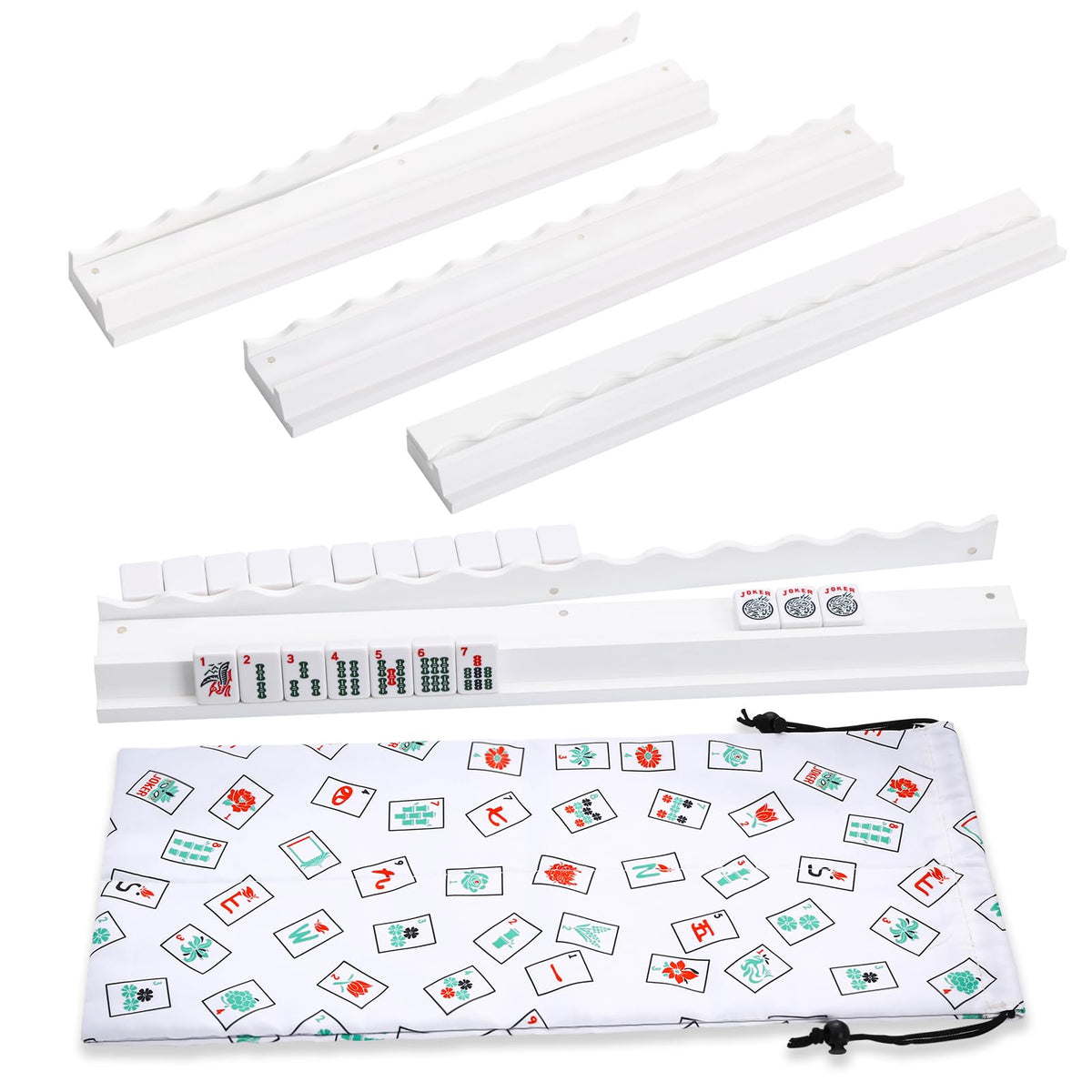 White Wooden Mahjong Racks with Pushers Set of 4 V215