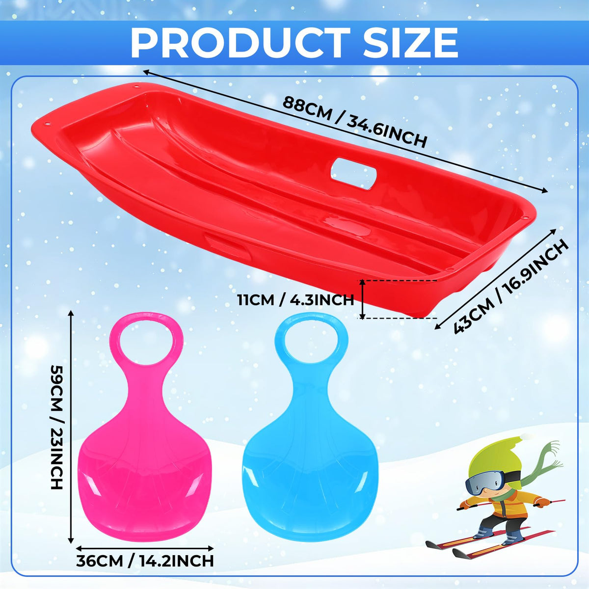 3 Pcs 35 Inch Plastic Snow Sleds with Rope B352893