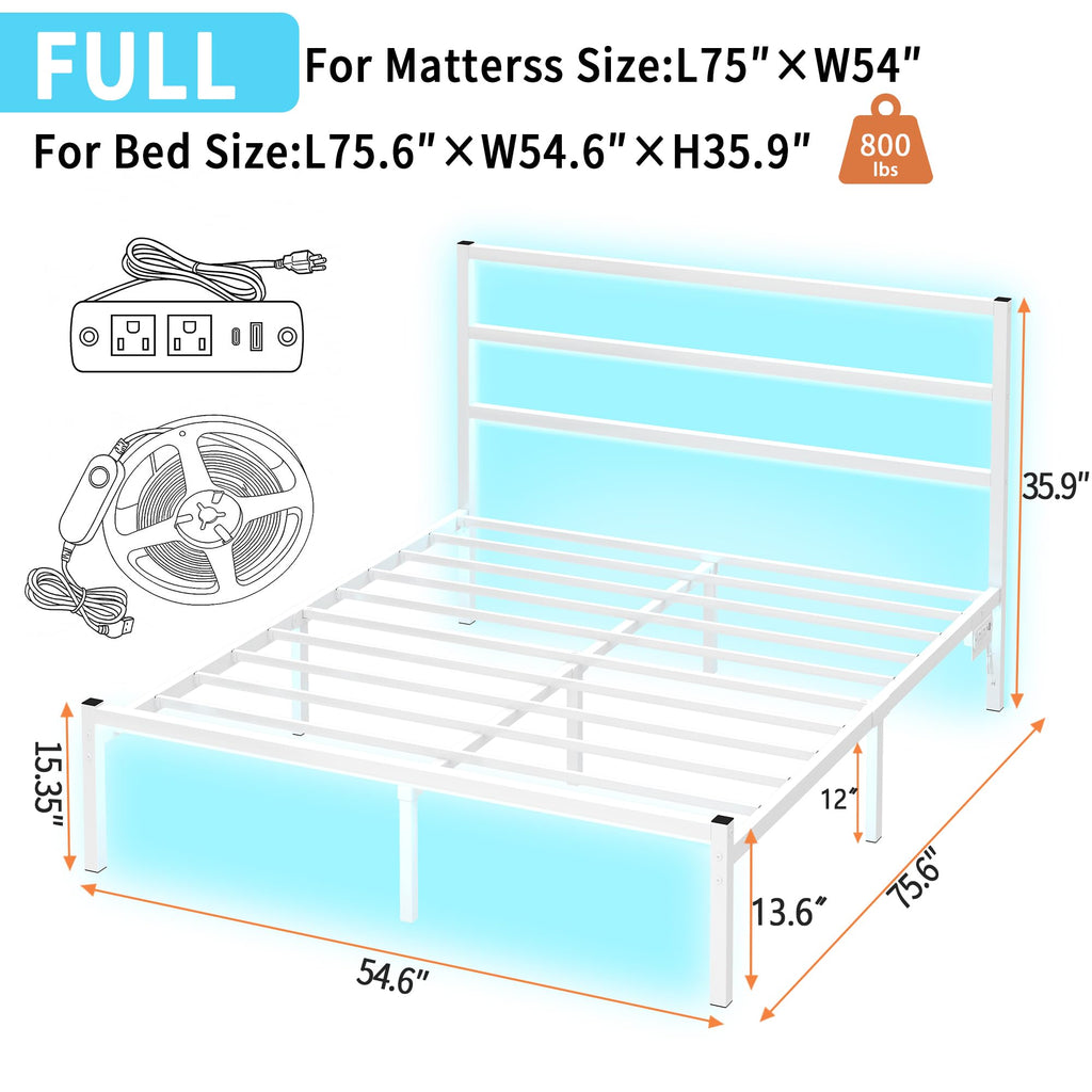 White Full Size Bed Frame with Headboard and USB Charging Station H29917
