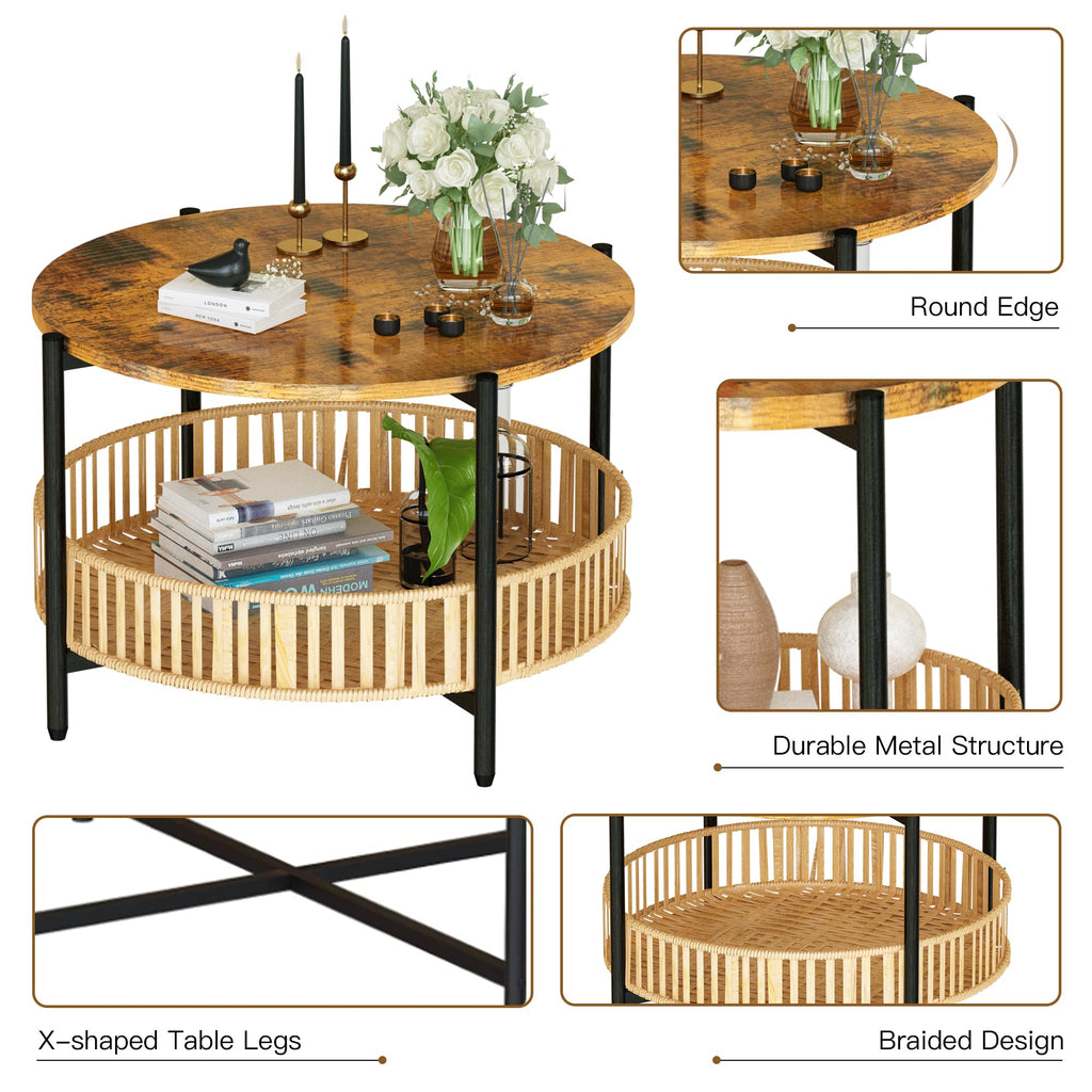 3 Pieces 2 Tier Round Rattan Coffee Table Set with Metal Frame F266470