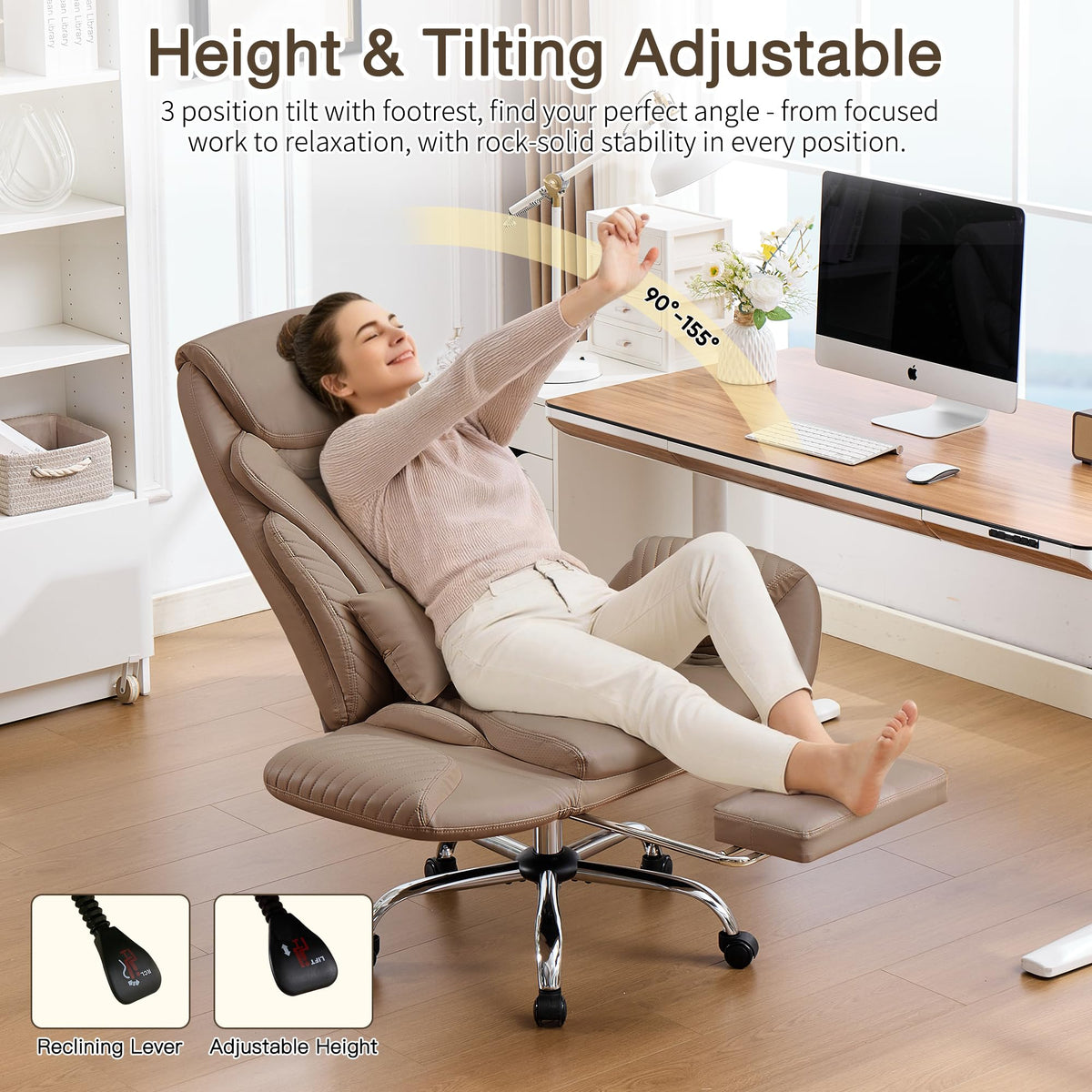 Cross Legged Office Chair with Flip Armrest and Footrest Brown W916454