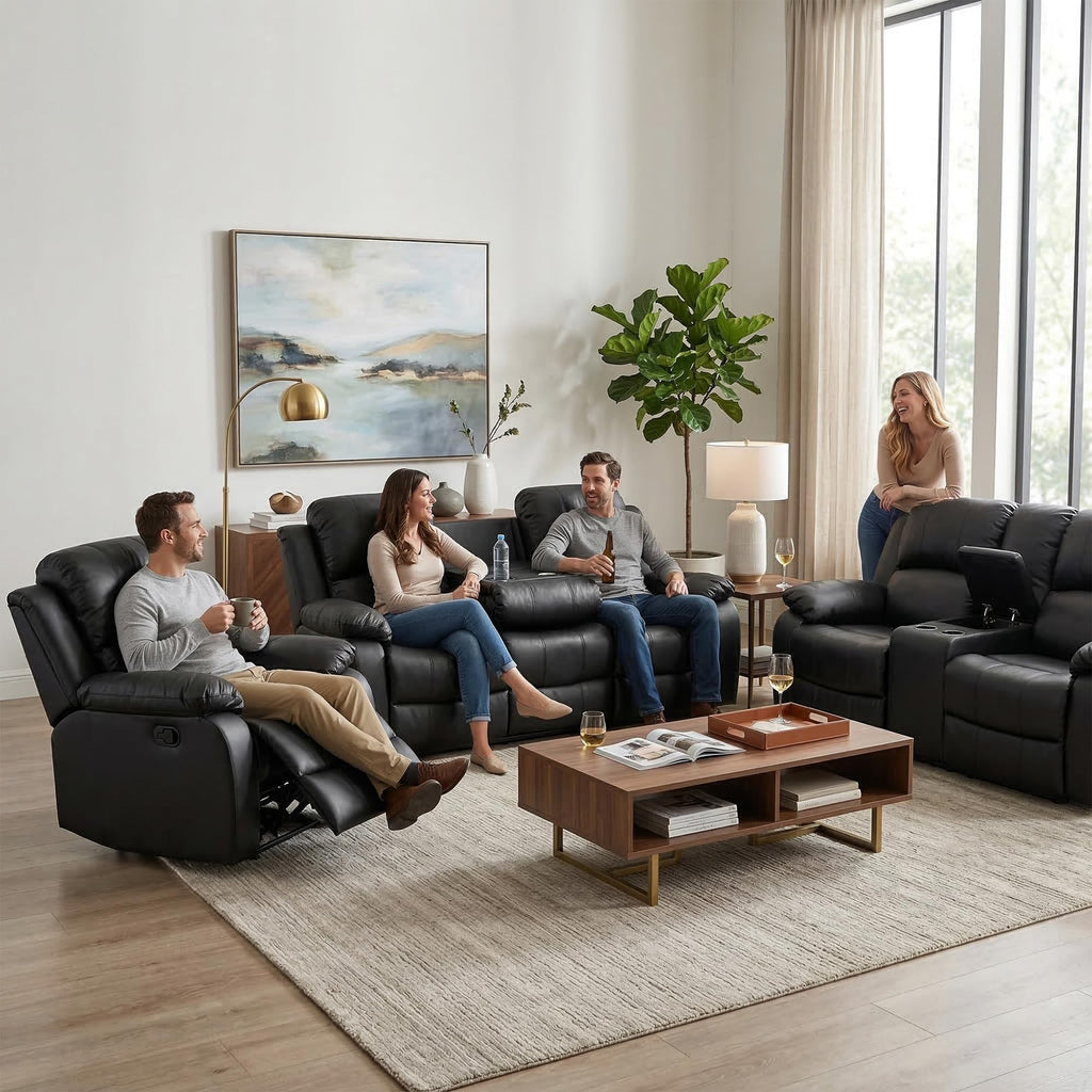 Black 3 Piece Leather Recliner Sofa Set with Cup Holders E627958