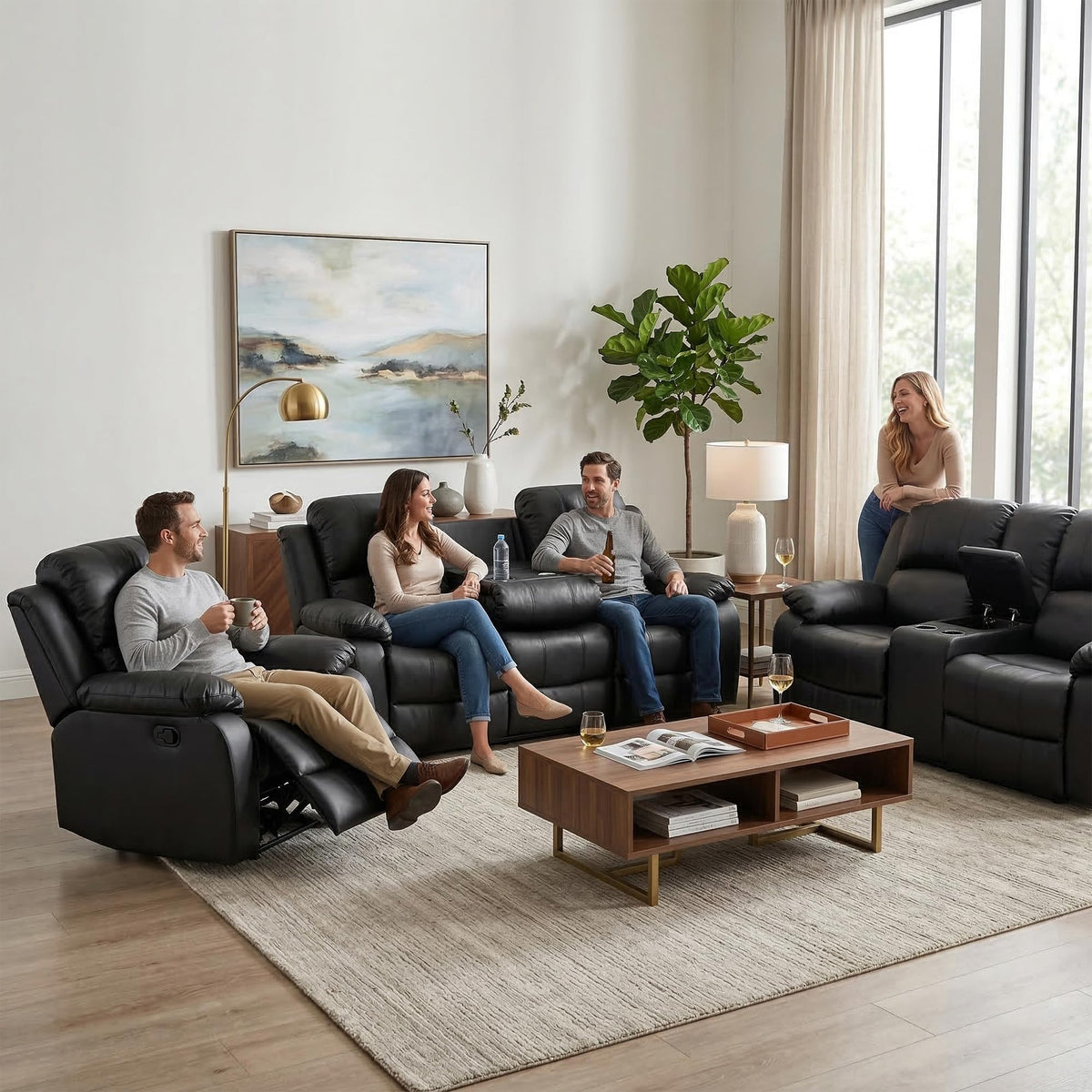 Black 3 Piece Leather Recliner Sofa Set with Cup Holders E627958