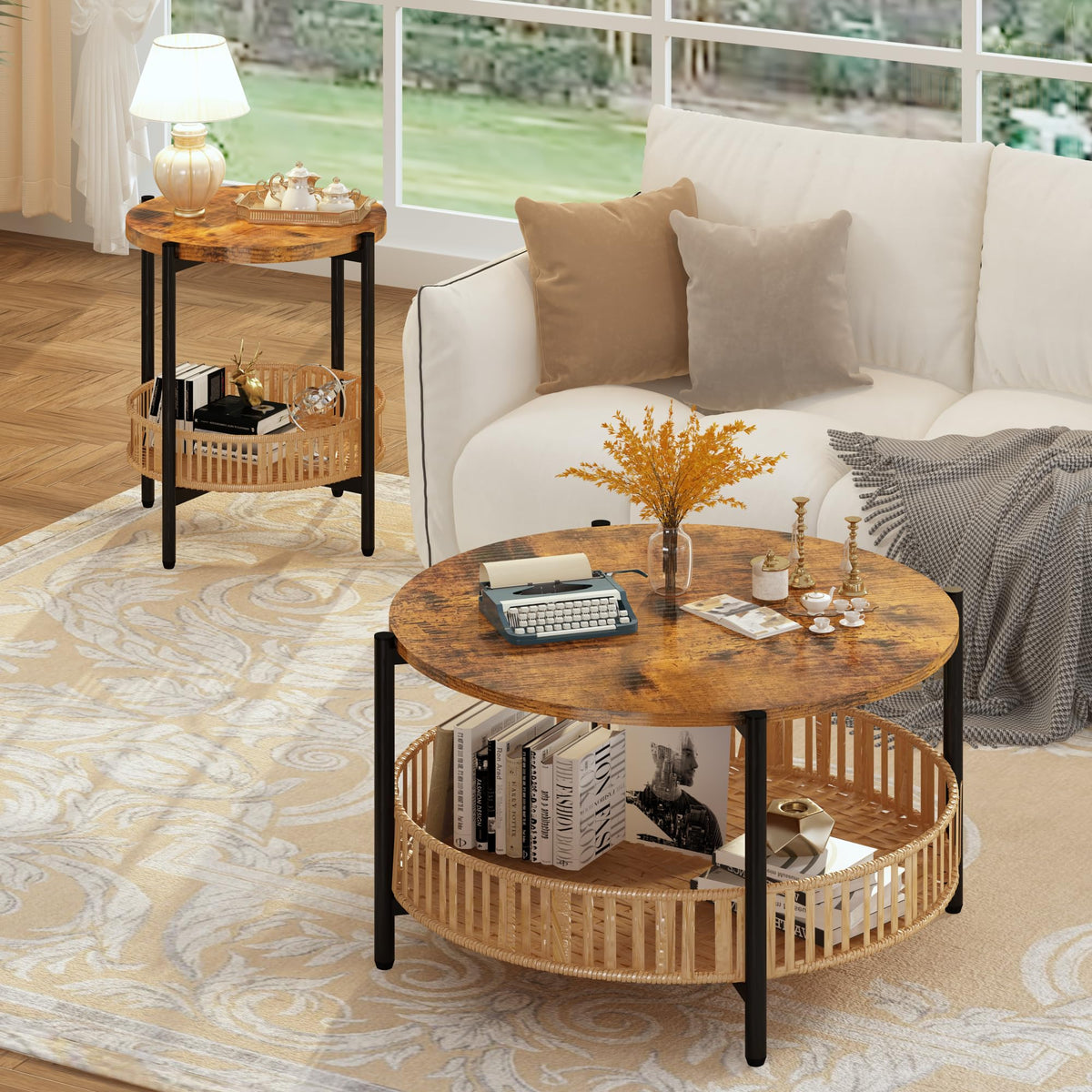 3 Pieces 2 Tier Round Rattan Coffee Table Set with Metal Frame F266470