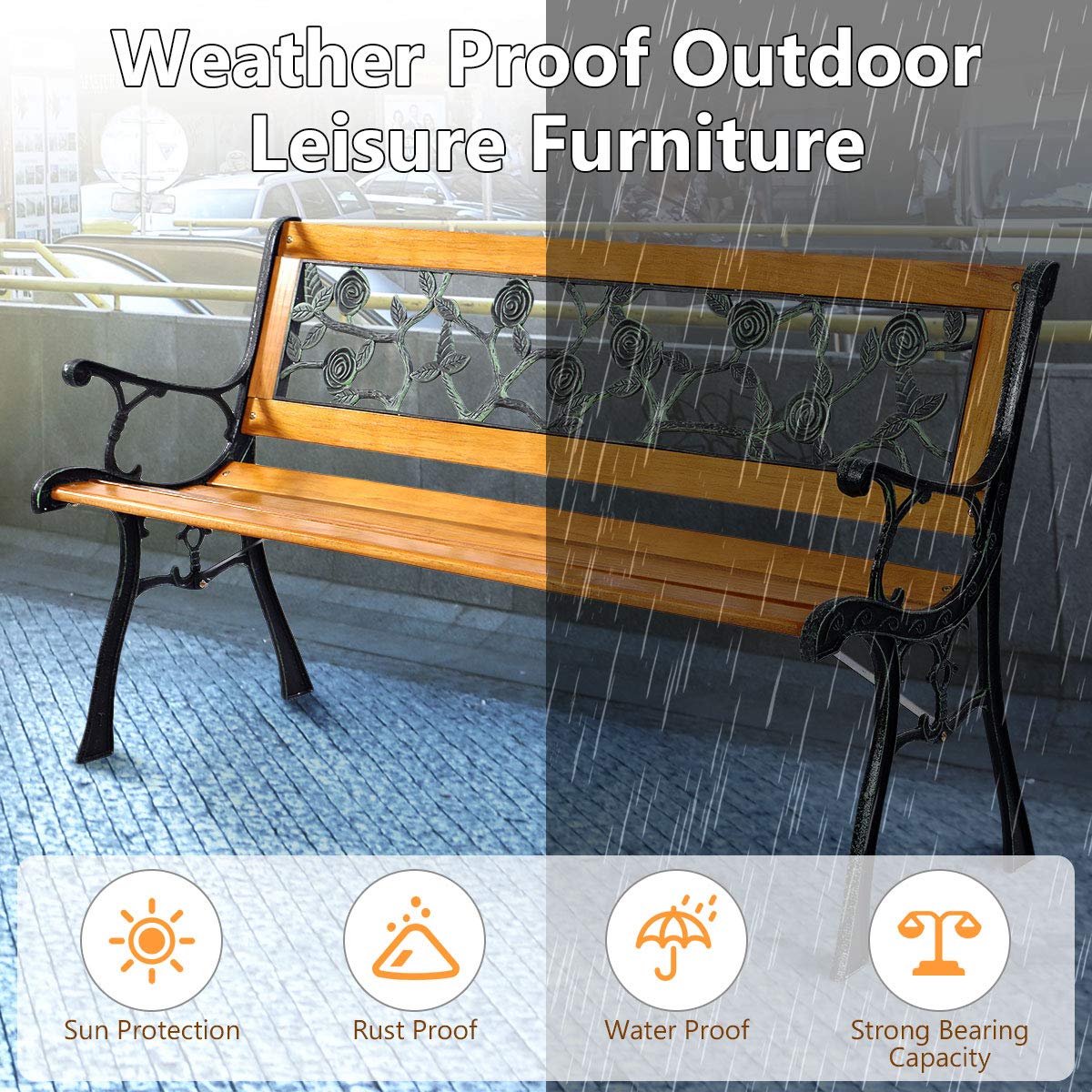 Outdoor Garden Bench with Rose Cast Backrest and Metal Legs U652985