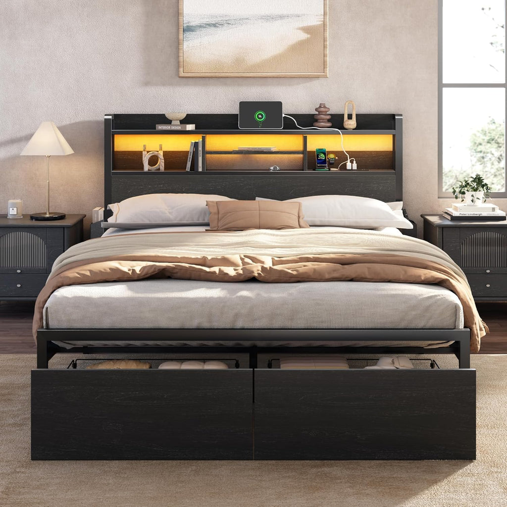 Full Size Bed Frame with Headboard and Charging Station A1559