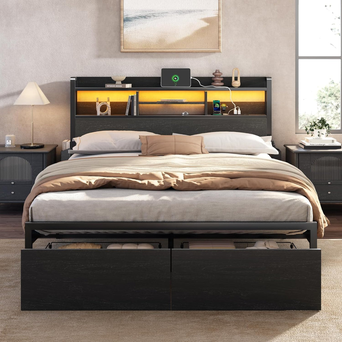 Full Size Bed Frame with Headboard and Charging Station A1559