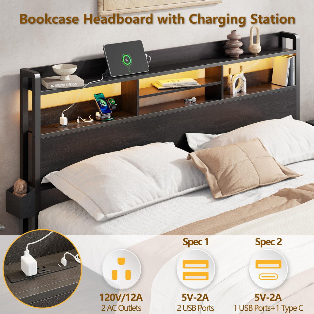 Full Size Bed Frame with Headboard and Charging Station A1559