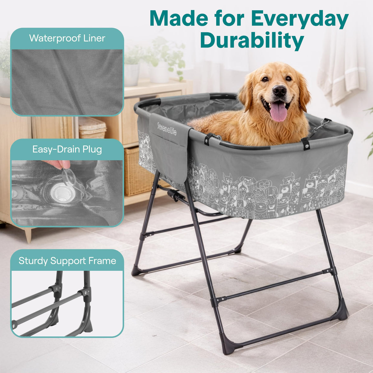 Foldable Dog Bath Tub with Drain Hose, 130 lb Capacity, Gray R804