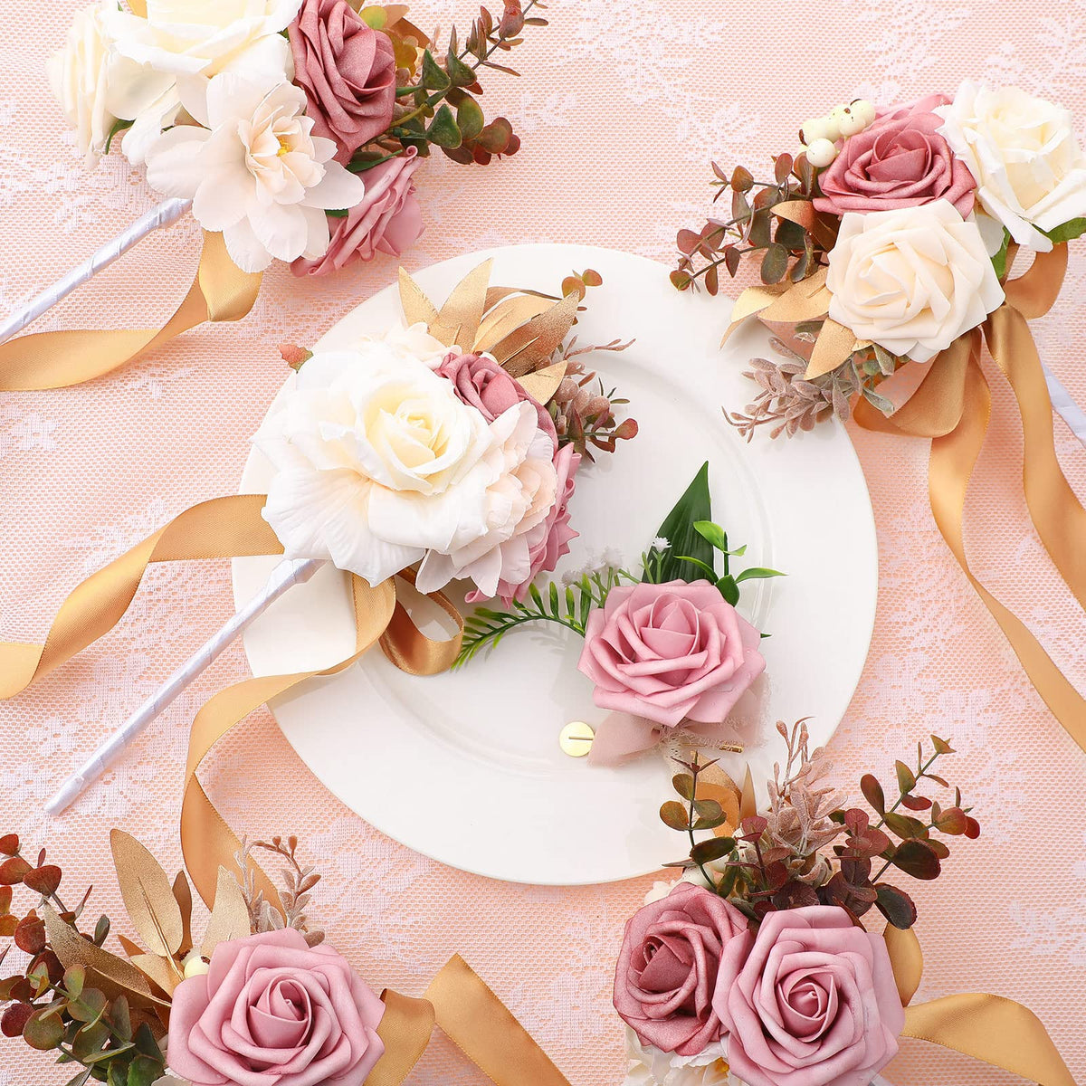 12 Pcs Artificial Bouquets and Boutonniere Set Rose White A46097