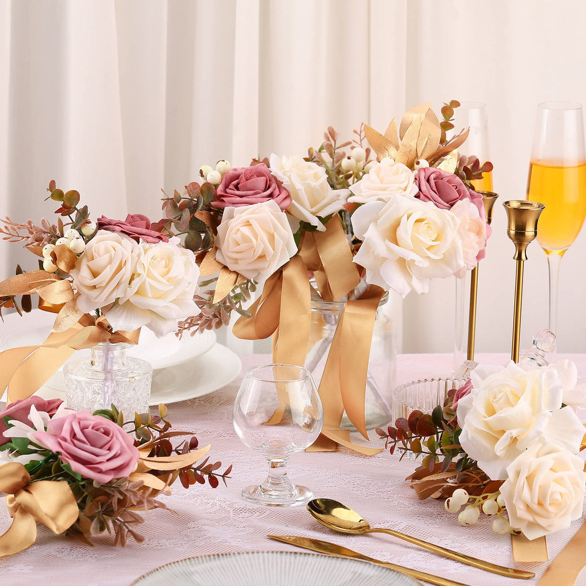 12 Pcs Artificial Bouquets and Boutonniere Set Rose White A46097