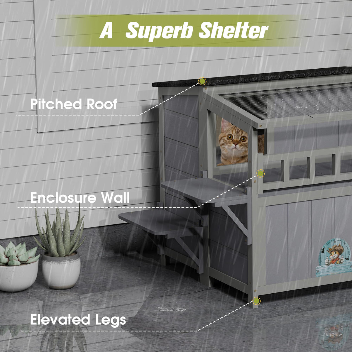 2-Tier Weatherproof Wooden Outdoor Cat House U3806
