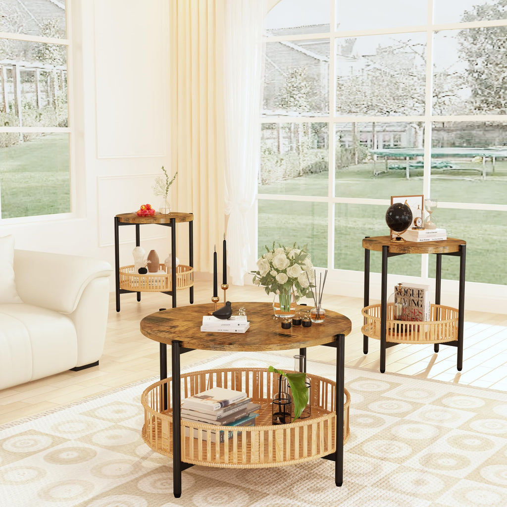3 Pieces 2 Tier Round Rattan Coffee Table Set with Metal Frame F266470