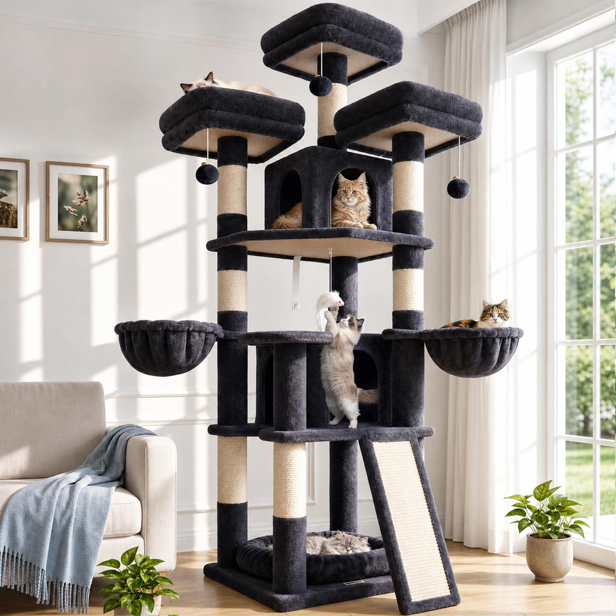 70 Inch Dark Gray Cat Tree with Scratching Post C633651