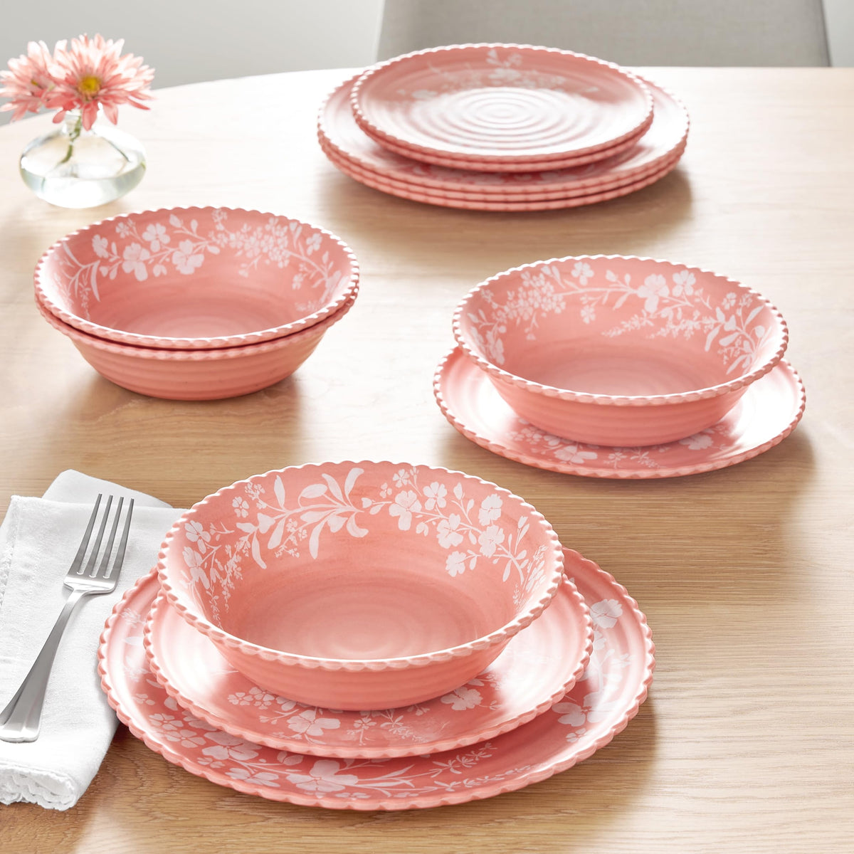12-Piece Pink Bamboo Melamine Dinnerware Set G4638