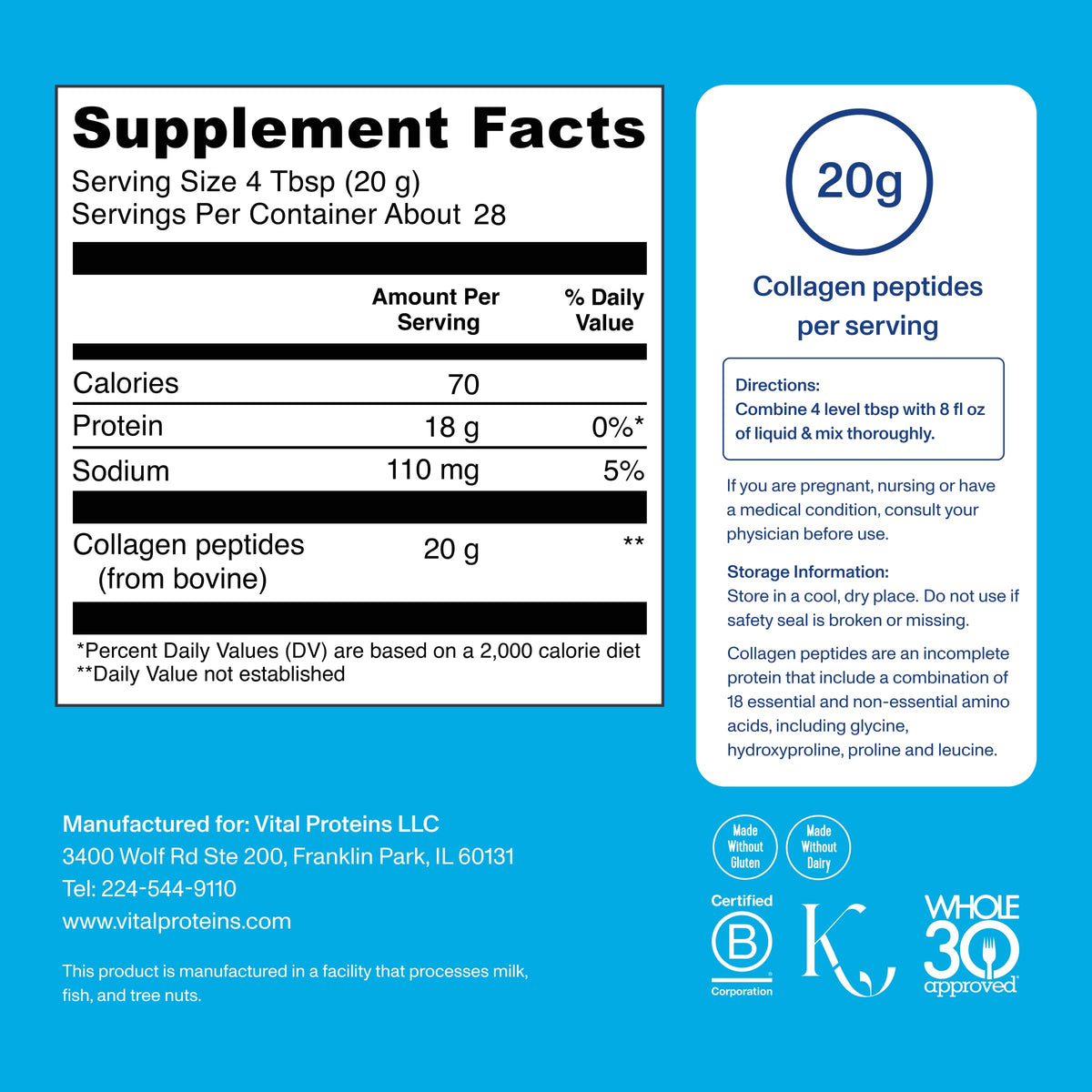 Grass Fed Collagen Peptides Powder, Unflavored, 20oz F6820