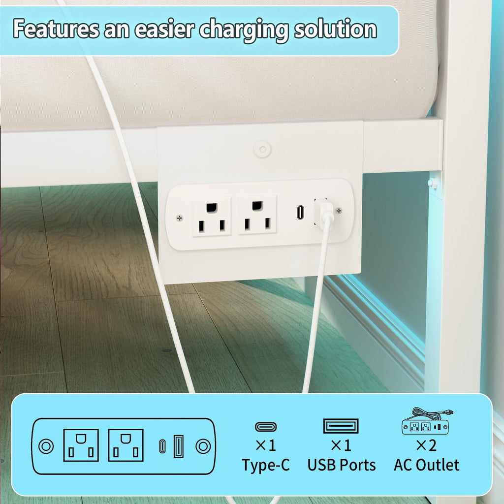 White Full Size Bed Frame with Headboard and USB Charging Station H29917