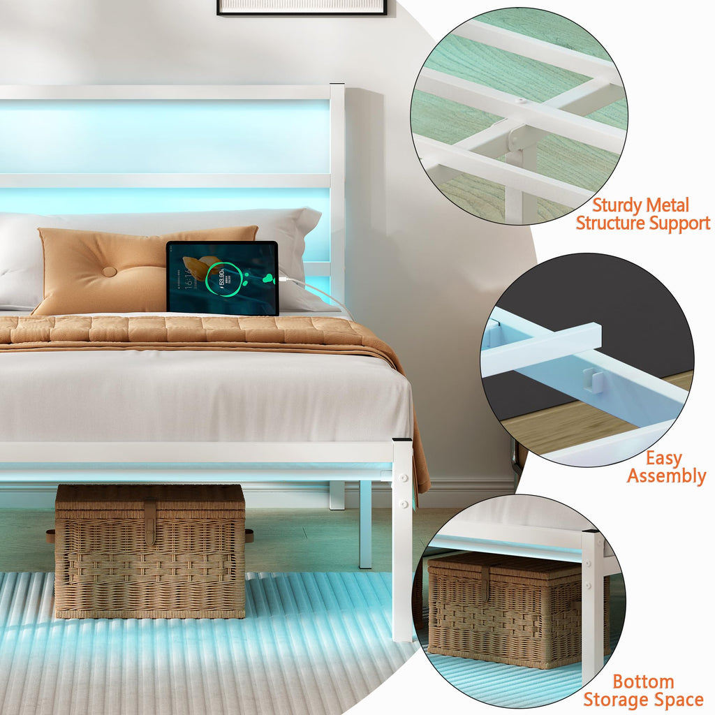 White Full Size Bed Frame with Headboard and USB Charging Station H29917