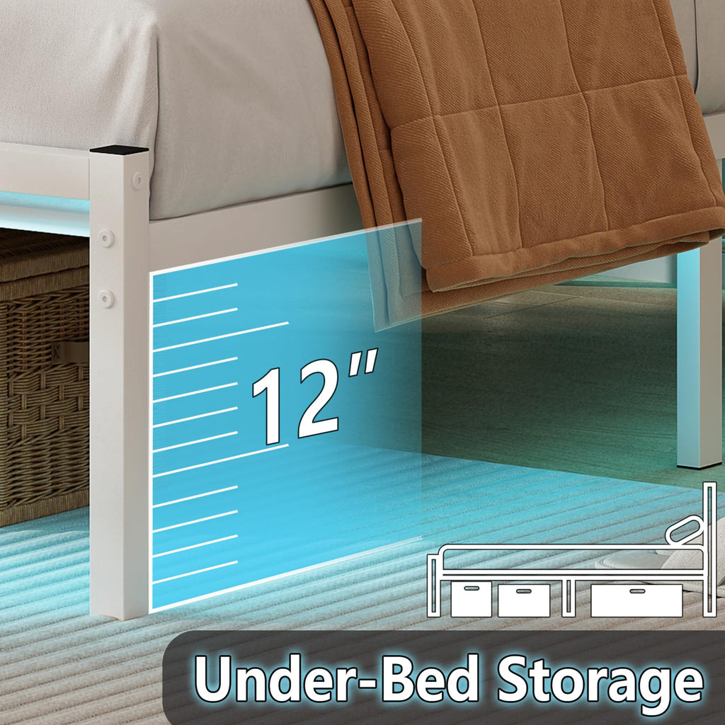 White Full Size Bed Frame with Headboard and USB Charging Station H29917