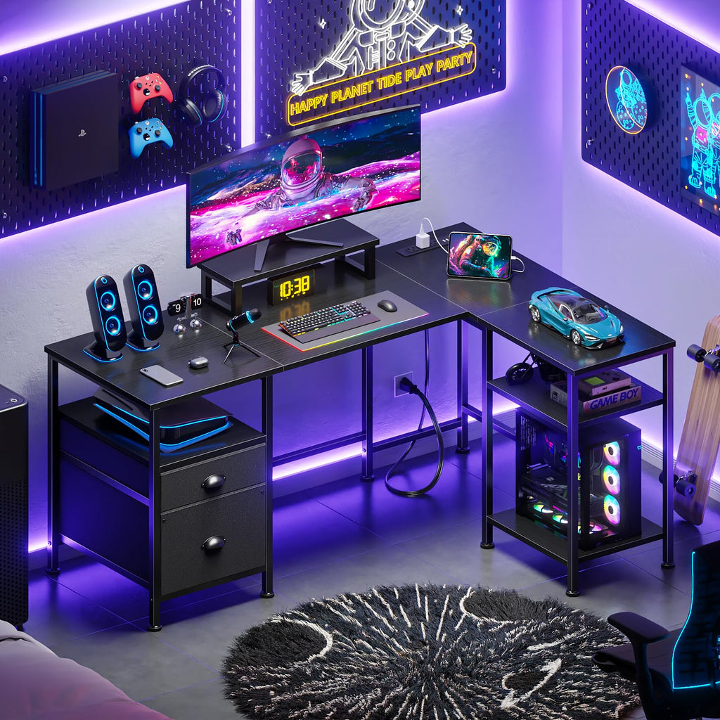 50 Inch L Shaped Gaming Desk with Power Outlet and Drawers M40247
