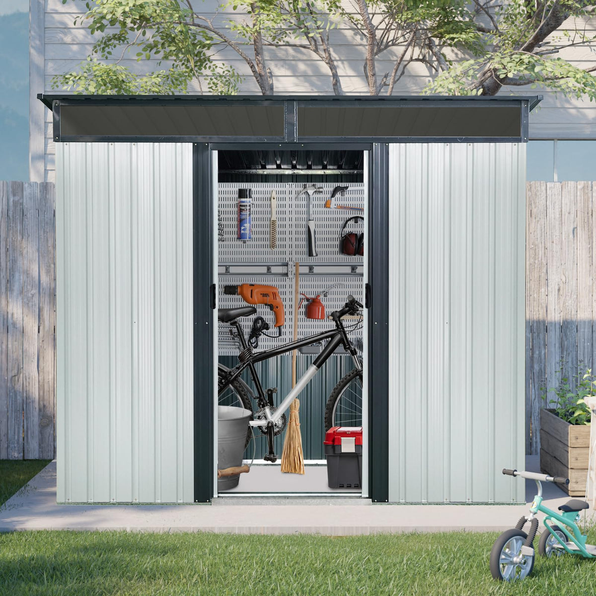 8 x 6 FT Metal Storage Shed with Lockable Sliding Doors F699890