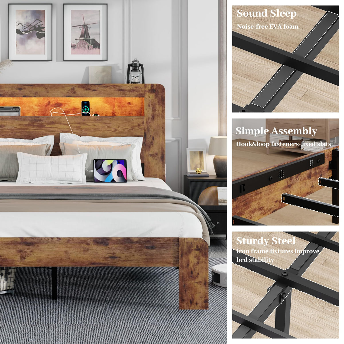 King Size Wooden Bed Frame with Storage Headboard and LED Lights F449973