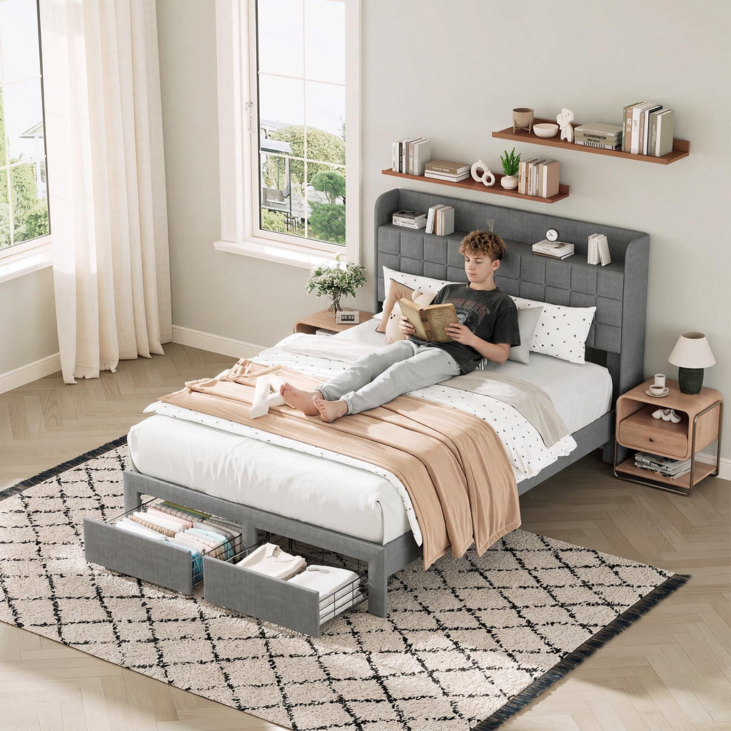 Full Upholstered Platform Bed Frame with Storage Drawers X978640