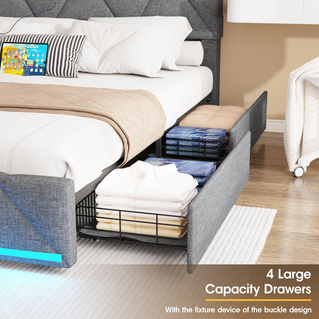 Full Size Upholstered Platform Bed Frame with Storage Headboard and 4 Drawers E33962
