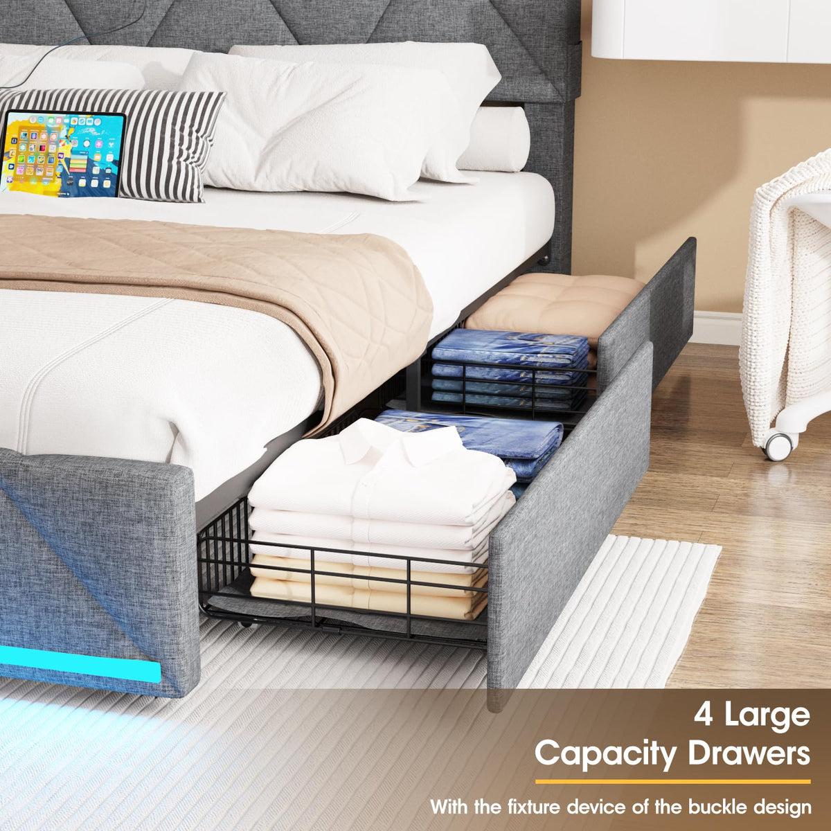 Full Size Upholstered Platform Bed Frame with Storage Headboard and 4 Drawers E33962